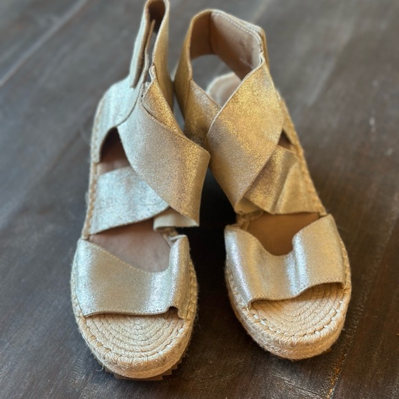 NEW Eileen Fisher Willow Wedge Espadrille Women 9 Platinum Glitter Suede Leather - Picture 2 of 7